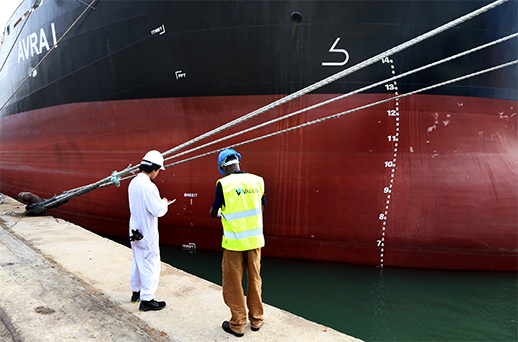 Two Vallis Group workers on a dock beside a large cargo ship